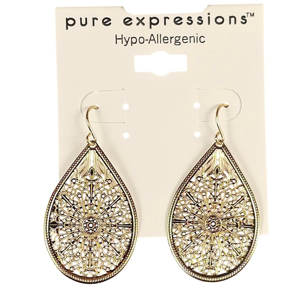 Pure Expressions Gold Tone Filigree Teardrop Dangle Earrings Hypo-Allergenic